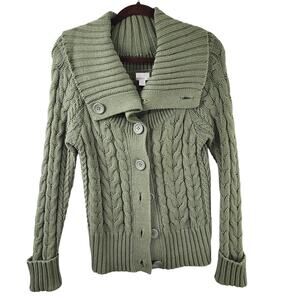 Caslon Cardigan Women Chunky Cableknit Long Sleeve Petite M Army Green Button Up